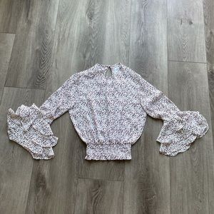 MISA LOS ANGELES WHITE & PURPLE RUFFLED SLEEVES SMOKED WAIST BLOUSE TOP SIZE XS